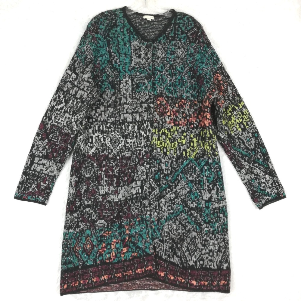 J. Jill Womens‎ Cardigan Sweater Duster Wool Blend Jacquard Knit Multicolor L